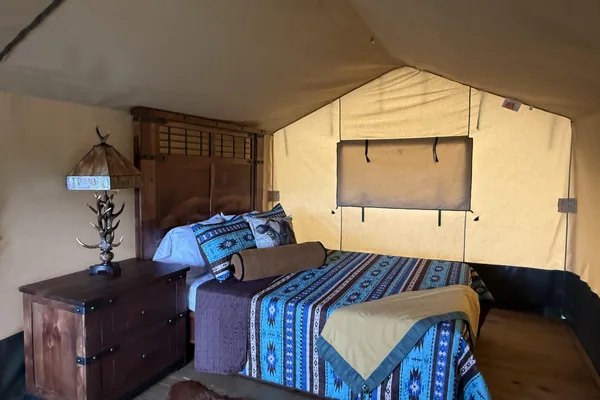 The antler lamp inside the tent