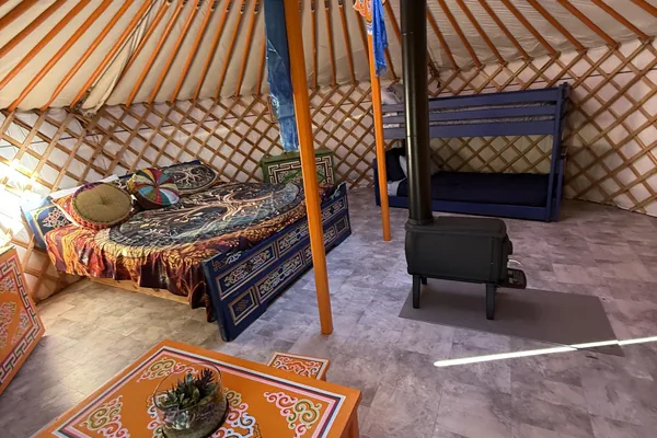 The painted table inside the yurt